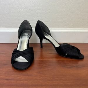 Stuart Weitzman Black Satin Peep Toe Pumps Formal Wedding Heels Womens 7.5